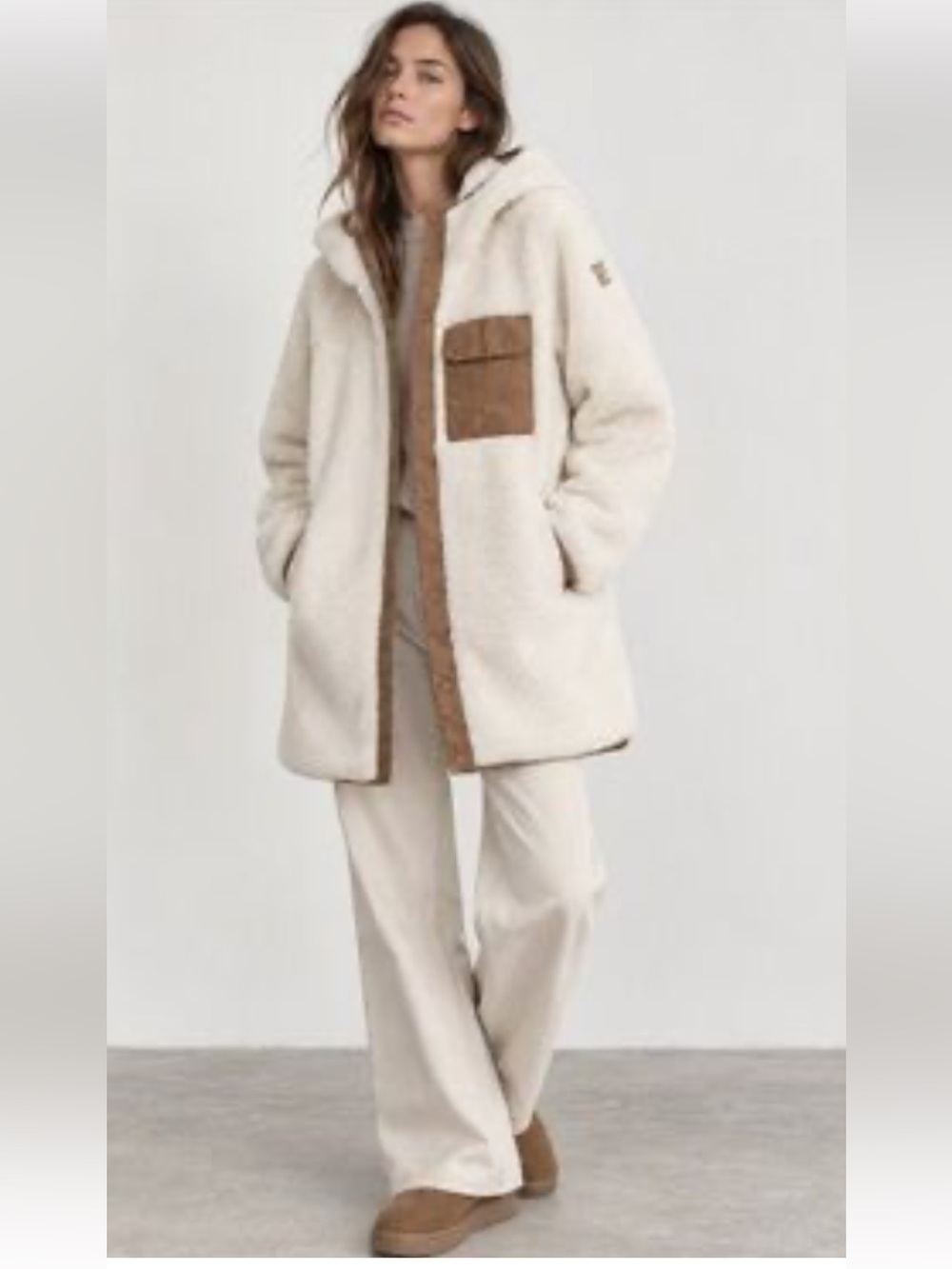 Reebok Premium Teddy Fleece Long Jacket in Cream and Brown Trim
